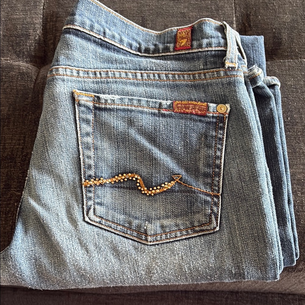 7 For All Mankind Blue Boot Cut Jeans with Signature Stitching